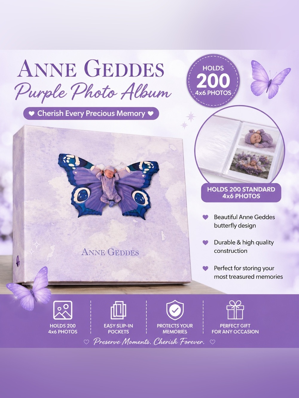 This is an Anne Geddes Purple Photo Album

Holds 200 standard 4x6 photos.